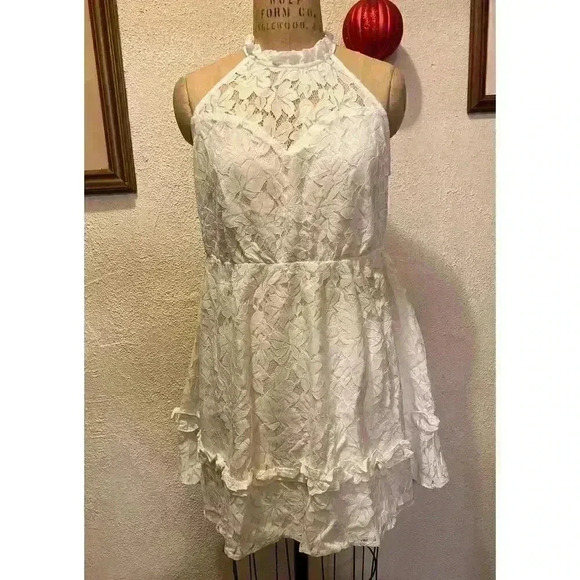 Ruffle Lace Frilled Neck Empire Waist Mini Dress White NWT Size L - Picture 3 of 12